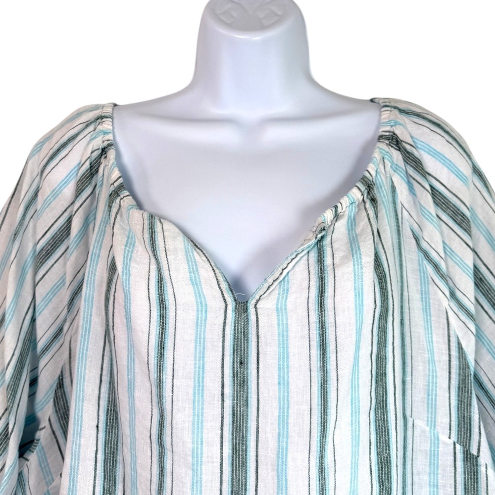 Talbots Striped Linen Peasant Blouse Sz XL White Blue Green Boho Coastal Breezy - Picture 3 of 7